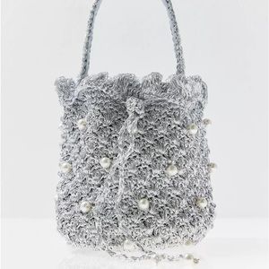 URBAN OUTFITTERS + Suryo Pearl Embellished Silver Crochet Bucket Bag